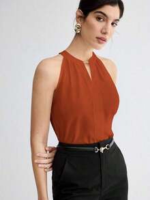 Camiseta de tirantes elegante con cuello de ojo de cerradura de unicolor, versátil para ir al trabajo, uso diario, retro romántico de los 90, adecuada para Navidad, Año Nuevo, San Valentín, fiesta, playa, graduación, moda, carnaval, vacaciones, in - Marrón - Ver 4