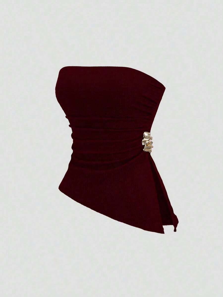 Top corto sexy de mujer con detalle fruncido y abertura lateral - Burdeos - Ver 1