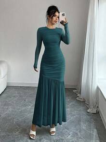 Vestido largo de manga larga con cuello redondo y malla para mujer, vestido casual de otoño.Adecuado para ropa de otoño, atuendo de regreso a clases, atuendo de maestro - Agua verde azul - Ver 4