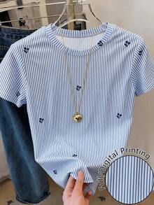 Camiseta de manga corta de mujer con cuello redondo, estampado de cerezas a rayas, de uso casual y versátil para uso diario - Multicolor 3 - Ver 4