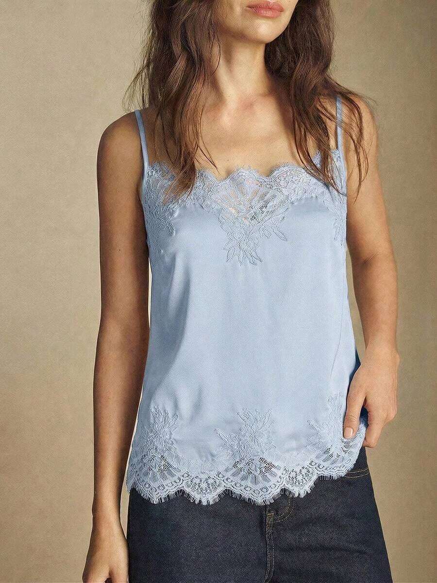 Camiseta sin mangas con ajuste de tirantes y encaje, versátil para usar en primavera/verano, adecuada para Pascua, Día de San Patricio, estilo vintage romántico de los 90, fiesta, playa, graduación, vacaciones, invitado de boda, casual, elegante - Azul 2 - Ver 1