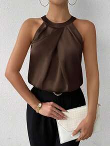 Blusa de crepé champán con cuello fruncido, sin mangas, elegante y sencilla para la oficina, para uso diario y de oficina - Marrón Chocolate - Ver 7