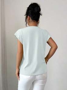 Camiseta de mujer con flores tridimensionales lindas y contrastantes para verano y otoño - Azul menta - Ver 2