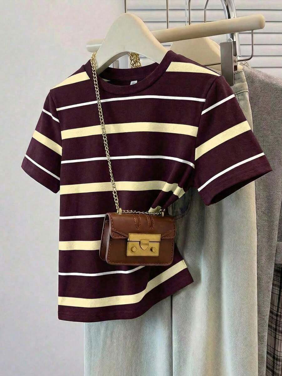 Camiseta de manga corta holgada con cuello redondo, estilo asimétrico a rayas, minimalista y casual, para mujer.Versátil y adecuada para primavera/verano y temporada deportiva - Multicolor 15 - Ver 1