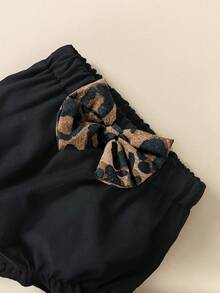 女婴两件套服装，深棕色豹纹吊带连衣裙上衣+黑色蝴蝶结短裤，春夏款 - 黑色 - 查看 5