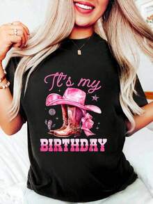 Women's 100% Cotton T-Shirt, Graphic Design "It's My Birthday, Birthday Girl", Pink Western Cowboy Style, Short Sleeve, Casual, Women's Clothing. - 黑色 - 查看 1