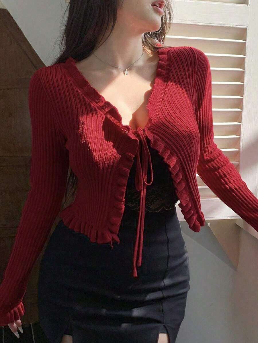 Cárdigan rojo con volantes para el Día de San Valentín de las mujeres, ropa de otoño - Rojo - Ver 1