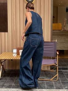 Conjunto de chaleco vaquero holgado informal y vaqueros para mujer - Azul lavado oscuro - Ver 8