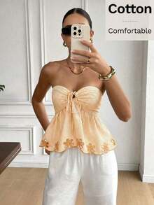 Top camisole de mujer con estampado, bordado y rayas, ideal para vacaciones con lazo delantero - Amarillo - Ver 5