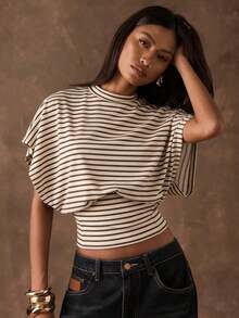 Camiseta casual de mujer de unicolor con cuello alto, mangas cortas tipo murciélago y pliegues - Multicolor 3 - Ver 1