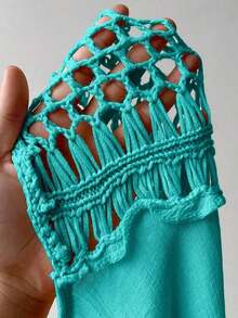 Vestido tapa playa para talla grande de mujer de unicolor, de cuello halter, tejido a crochet, con diseño calado y ajustado - Celeste - Ver 7