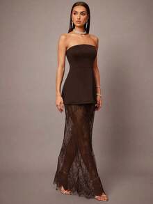 Set de 2 piezas con top corto tipo bustier negro y minifalda con dobladillo de encaje, adecuado para citas, graduaciones, conciertos, vestidos de dama de honor, bodas, ocasiones románticas, estilo minimalista, conjunto elegante para uso diario - Café integral - Ver 5
