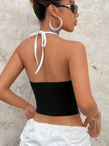 Top de tirantes casual con cuello de halter y pliegues con estampado de letras para mujer - Negro - Ver 2