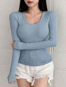 Camiseta de manga larga y cuello redondo de ajuste ceñido para mujer, versátil y casual, ropa de otoño - Azul - Ver 5