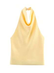 Blusa sin espalda de satén sexy para mujer, top casual elegante para fiesta de noche en color negro - Amarillo - Ver 7