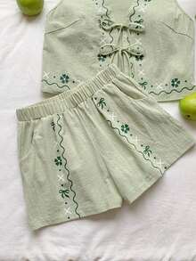 Conjunto de 2 piezas de estilo bohemio y veraniego con estampado floral blanco tejido - Verde - Ver 8