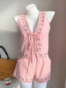 Conjunto de 2 piezas de estilo bohemio y veraniego con estampado floral blanco tejido - Rosa Pálido - Ver 3