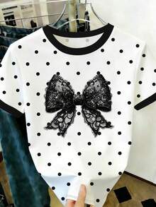 Camiseta de moda de manga corta con cuello redondo, estampado floral minimalista y casual, talla grande - Multicolor 4 - Ver 1