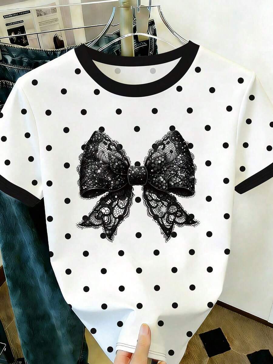 Camiseta de moda de manga corta con cuello redondo, estampado floral minimalista y casual, talla grande - Multicolor 4 - Ver 1