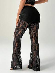 Pantalones de vacaciones de cintura alta de encaje y punto campana para mujer - Negro - Ver 2