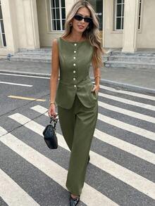 Set de 2 piezas para mujer con top sin mangas con botones delanteros lisos y pantalones largos, conjunto casual - Verde - Ver 7