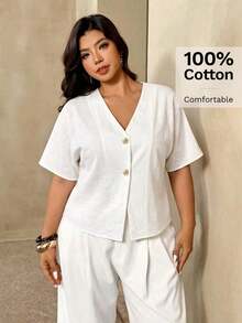 Camisa de manga corta de unicolor casual de talla grande, verano - Blanco 3 - Ver 1