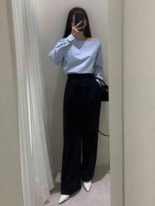 Camisa azul de manga larga con hombro asimétrico de unicolor para mujer, azul claro, primavera/verano/otoño - Celeste - Ver 3