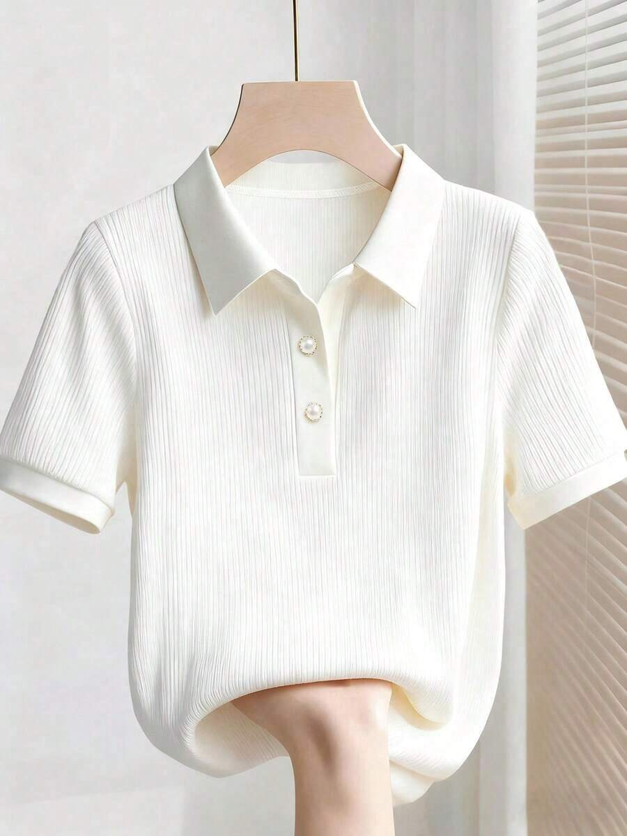 Camisetas de manga corta de unicolor casual para mujer - Blanco - Ver 1