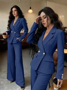 Conjunto de blazer y pantalón de bolsillo de unicolor azul con botones dorados y cuello entallado elegante para mujer, versátil para otoño/invierno - Niebla azul - Ver 7
