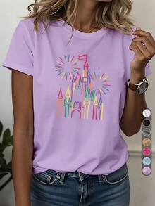 1 pieza de camiseta deportiva casual para mujer, camiseta de cuello redondo, AUX DES MOUBLES, estampado de castillo vintage, ropa casual artística, uso diario, estilo europeo para el Día de la Independencia, camiseta retro, estilo francés chic, top cómodo para todas las estaciones, 180g 100% algodón. - Negro - Ver 9