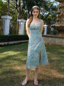 Vestido de tirantes con abertura lateral con estampado floral, blanco, elegante para vacaciones de verano - Verde - Ver 6