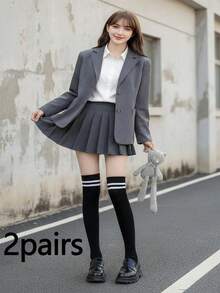 1/2雙高品質平價女款過膝襪，女款制服條紋襪，百搭經典款，女款運動長襪 - 彩色 - 查看 15