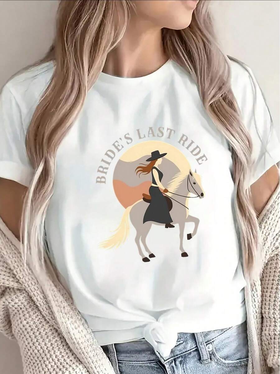 Lightweight And Durable Short-Sleeved T-Shirt With A Western Horse Design For The Bride's Ultimate Trip, Ideal For Casual Outings, Hen Parties, And Rural-Themed Events - 白色 - 查看 1