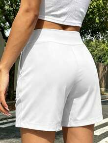 Plus Size Women's Casual Elastic Waist Solid Color High Waist Shorts, Comfortable Soft Fabric Shorts For Summer Vacation Sports - White - View 2