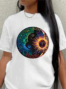 Lightweight And Durable T-Shirt With A Vibrant Yin-Yang Sun-Moon Pattern Design, Perfect For Relaxing At Home, In Cafes, Or For Outdoor Activities. - White - View 1