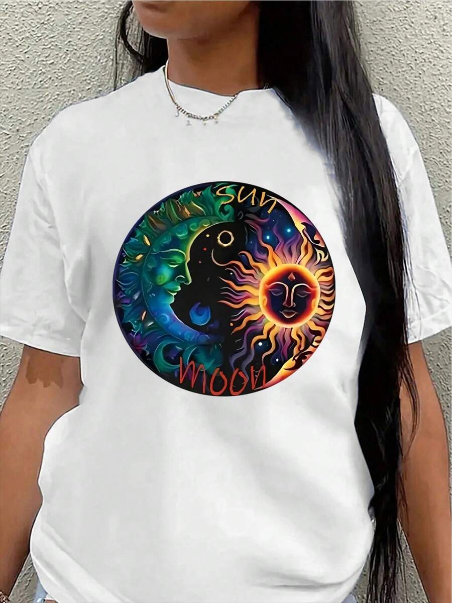 Lightweight And Durable T-Shirt With A Vibrant Yin-Yang Sun-Moon Pattern Design, Perfect For Relaxing At Home, In Cafes, Or For Outdoor Activities. - White - View 1