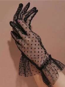 1 Pair D EXCEED Polka Dot Transparent Mesh Short Gloves, Elegant Lace Trim Mesh Gloves, Suitable For Weddings, Tea Parties, Makeup, Balls And Other Formal Occasions, Vintage Women's Gloves - Multicolor - View 7