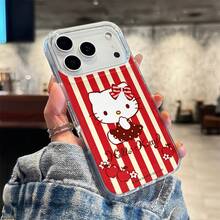 Sanrio Hello Kitty Vintage Red & White Stripes With Apple Motif And Cursive Logo Design Phone Case Suitable For IPhone 17/17 Pro/17 Pro Max/17 Air/16/15/14/13/12/11/X Series Iphone 17 Pro Max Case Iphone 17 Pro Case Iphone 17 Case The Girlfriend,Ideal Gift For Anime Fans - Clear - View 4