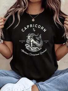 Camisetas gráficas para mujer, camiseta con estampado del signo zodiacal, casual, de corte holgado, de manga corta, transpirable, perfecta para el uso diario, camisetas de verano de algodón de 220 g. - Negro - Ver 7