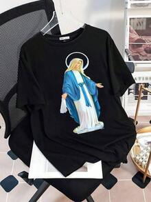 Simple And Versatile Design: Stylish Women's Graphic T-Shirt With A  Image Of The Virgin Mary, Perfect For Everyday Wear. Made From Soft Cotton, This Short-Sleeved, Crew-Neck T-Shirt Features A Spiritually Inspired Design-A Comfortable And Stylish Garment For Women. - 黑色 - 查看 3