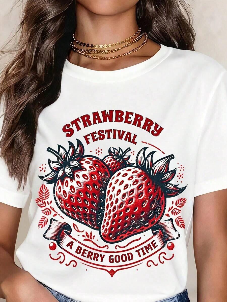 Camiseta Casual, Camiseta del Festival de Fresas, Camiseta Gráfica "A Berry Good Time" para Mujer, Top Casual de Verano, Camiseta con Estampado de Fresas, Diseño Divertido de Frutas, Camiseta Unisex de Algodón, 100% Algodón, Duradera - Blanco - Ver 1