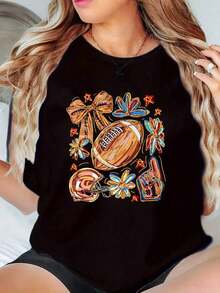 Camiseta Casual Estilo Fútbol, Estampado Deportivo Multicolor, Para Día de Partido, 220g, 100% Algodón, Resistente - Negro - Ver 1