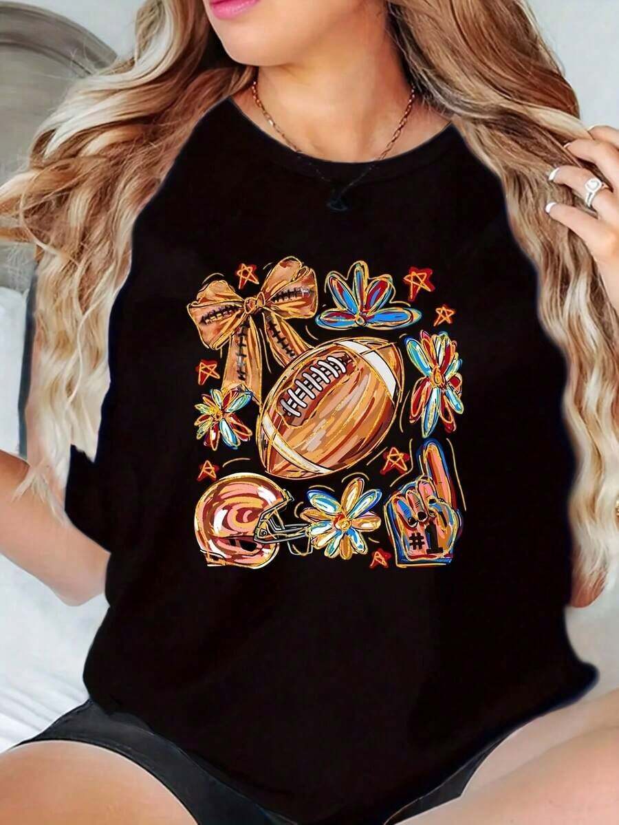 Camiseta Casual Estilo Fútbol, Estampado Deportivo Multicolor, Para Día de Partido, 220g, 100% Algodón, Resistente - Negro - Ver 1