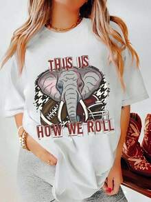 Camiseta Casual con Estampado de Elefante y Balón de Fútbol, Diseño Gráfico, 100% Algodón, Cuello Redondo, Suave y Cómoda, Ideal para Primavera y Verano, Perfecta para Aficionados del Equipo, 100% Algodón, Resistente - Blanco - Ver 6