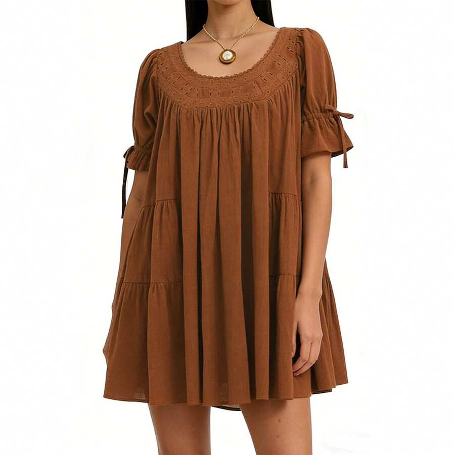 Baby Doll Mini Dress For Women Summer Solid Color Loose Bubble Short Sleeve Scoop Neck Dress - 棕色 - 查看 1