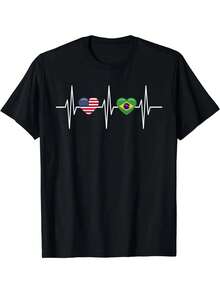 220G Youth Crew Neck Casual T-Shirt, One-Sided Print, Perfect For Family And Friends, American-Brazilian Heart Flag T-Shirt, Youth Style, Basic And Versatile. - 黑色 - 查看 7