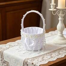 Wedding Flower Girl Baskets With Pearl Decor White Bow Flower Baskets For Wedding Ceremony - Off White - View 5