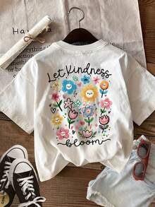 Women's Short Sleeve Summer T-Shirt, Casual Style, [Double-Sided Print], Spring/Summer Clothes, Fun Style, Floral Heart Print With The Phrase "Let Kindness Bloom", Pure Cotton, Casual Fashion, Regular Fit, Round Neck. - 白色 - 查看 3
