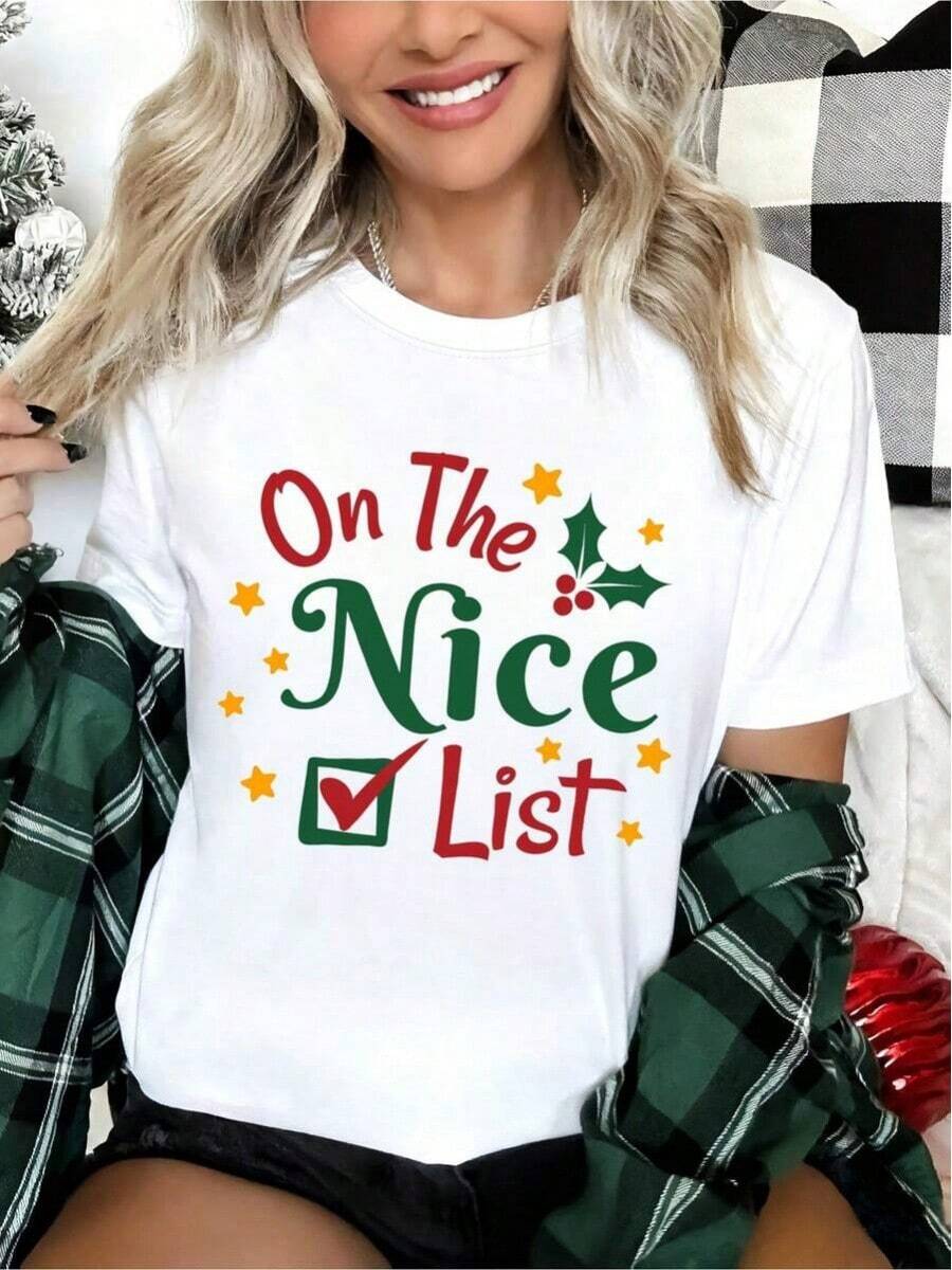Camiseta Navideña Blanca para Mujer "En la Lista de los Buenos" - Camiseta Casual de Manga Corta de Talla Grande con Estampado de Gorro de Duende e Impresión de Lista de Verificación, Atuendo Holgado para Fiesta Navideña, Regalo para Navidad (Diseño de Lista de Buenos o Malos)blusas para mujer>ropa - Blanco - Ver 1
