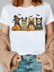 1 camiseta con estampado de Bulldog Francés para Halloween, camiseta para amantes de Bulldog Francés, camiseta con calavera de Bulldog Francés, regalo de Halloween para dueños de Bulldog Francés, mamá de Bulldog Francés, camiseta de Halloween 180g 100% algodón. - Blanco - Ver 1